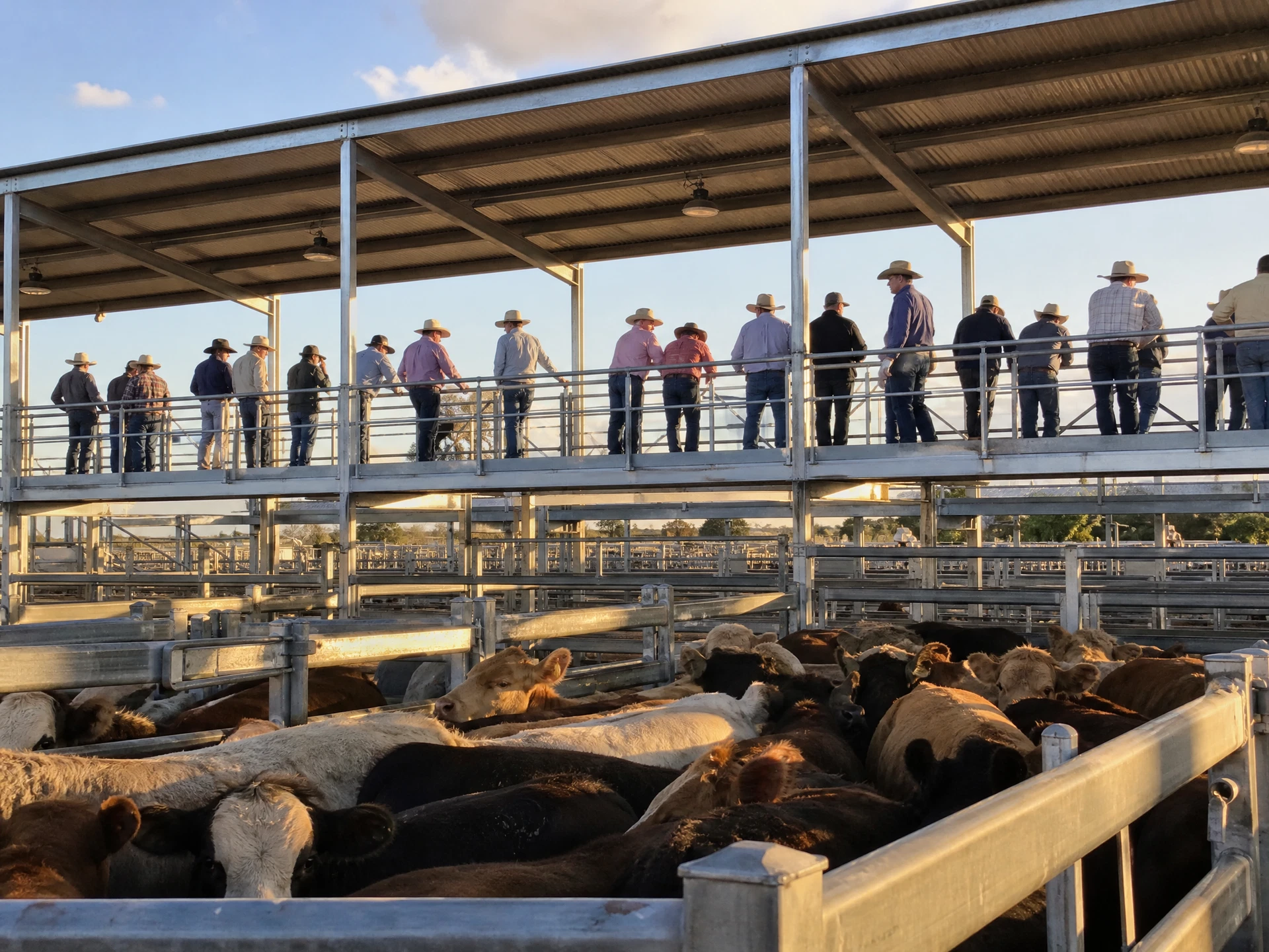 Covered auction-yard structure and viewing platform at a Queensland regional saleyard