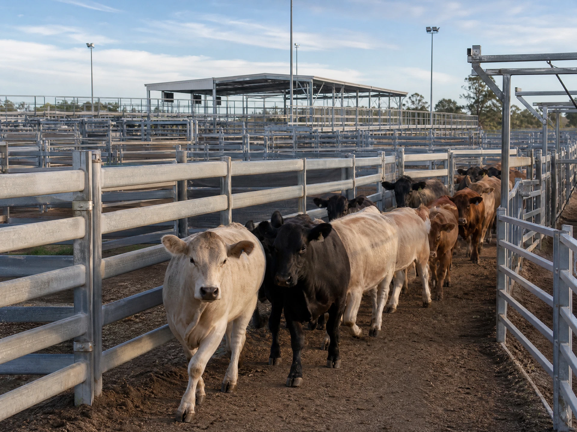 Cattle moving through clean livestock laneways at the Dalby Regional Saleyards