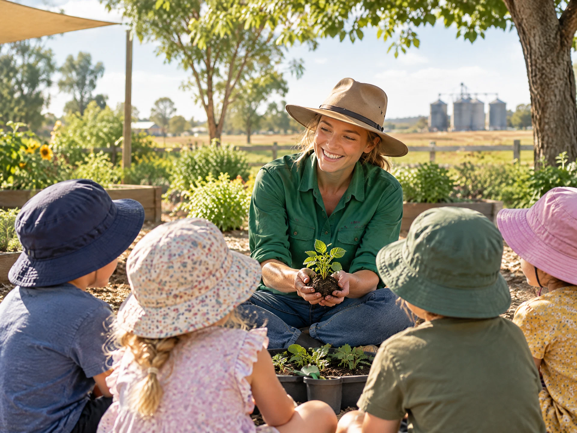 Educator leading an outdoor learning activity in a Western Downs community setting