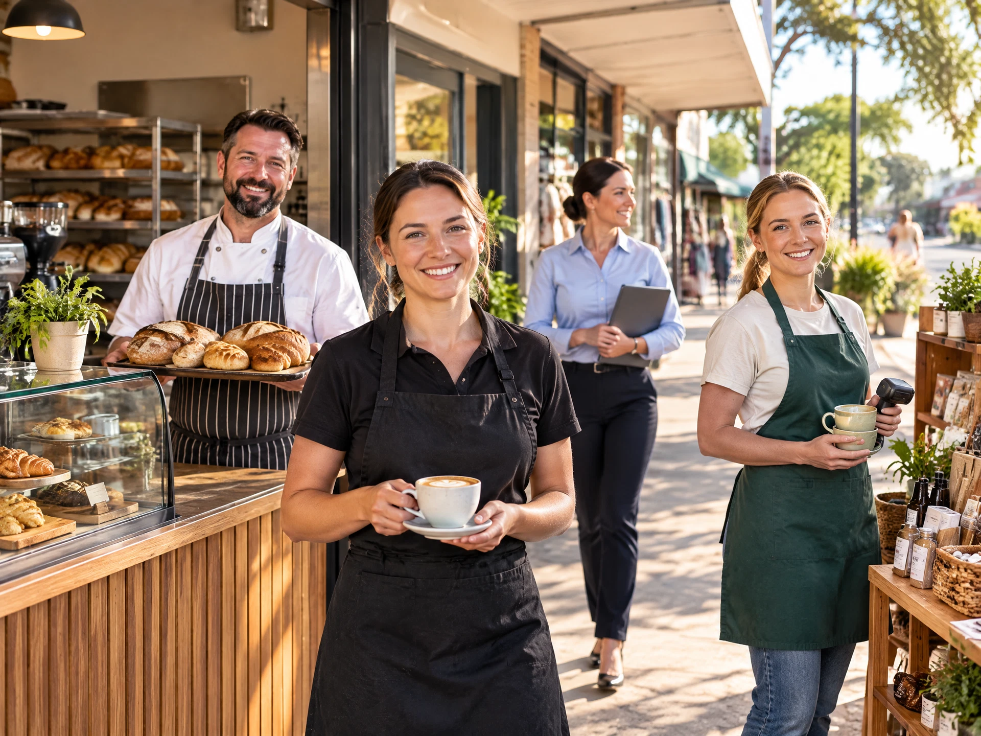 Local retail, hospitality, and professional-services workers in a regional town centre