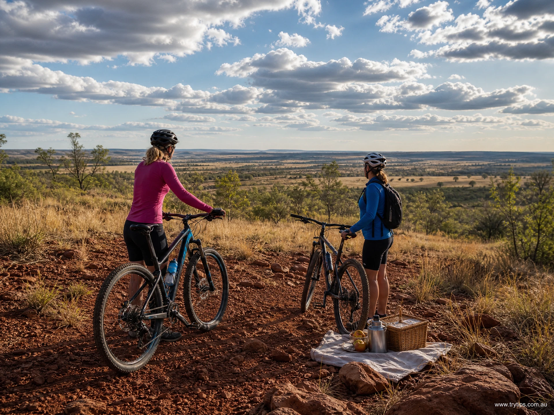 Friends exploring a red-soil Western Downs trail with bicycles