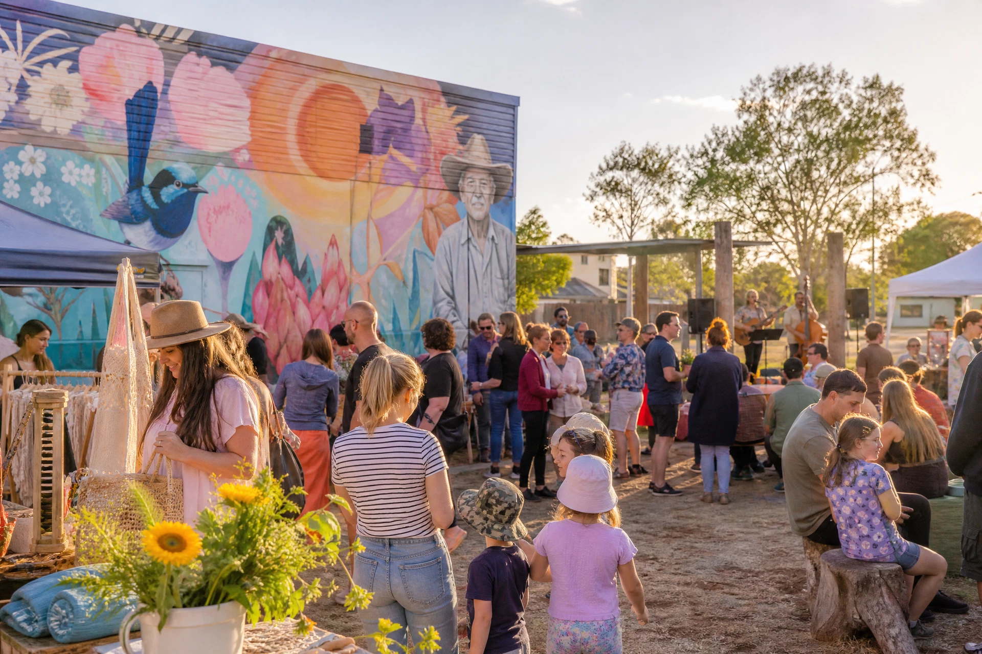 Visitors enjoying a local outdoor arts event and colourful mural