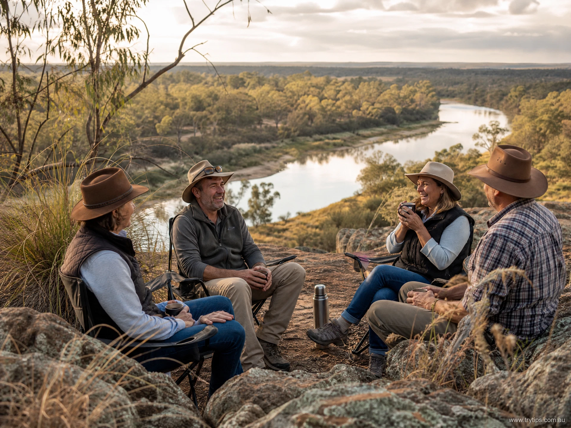 Friends enjoying a relaxed riverside outing in the Western Downs