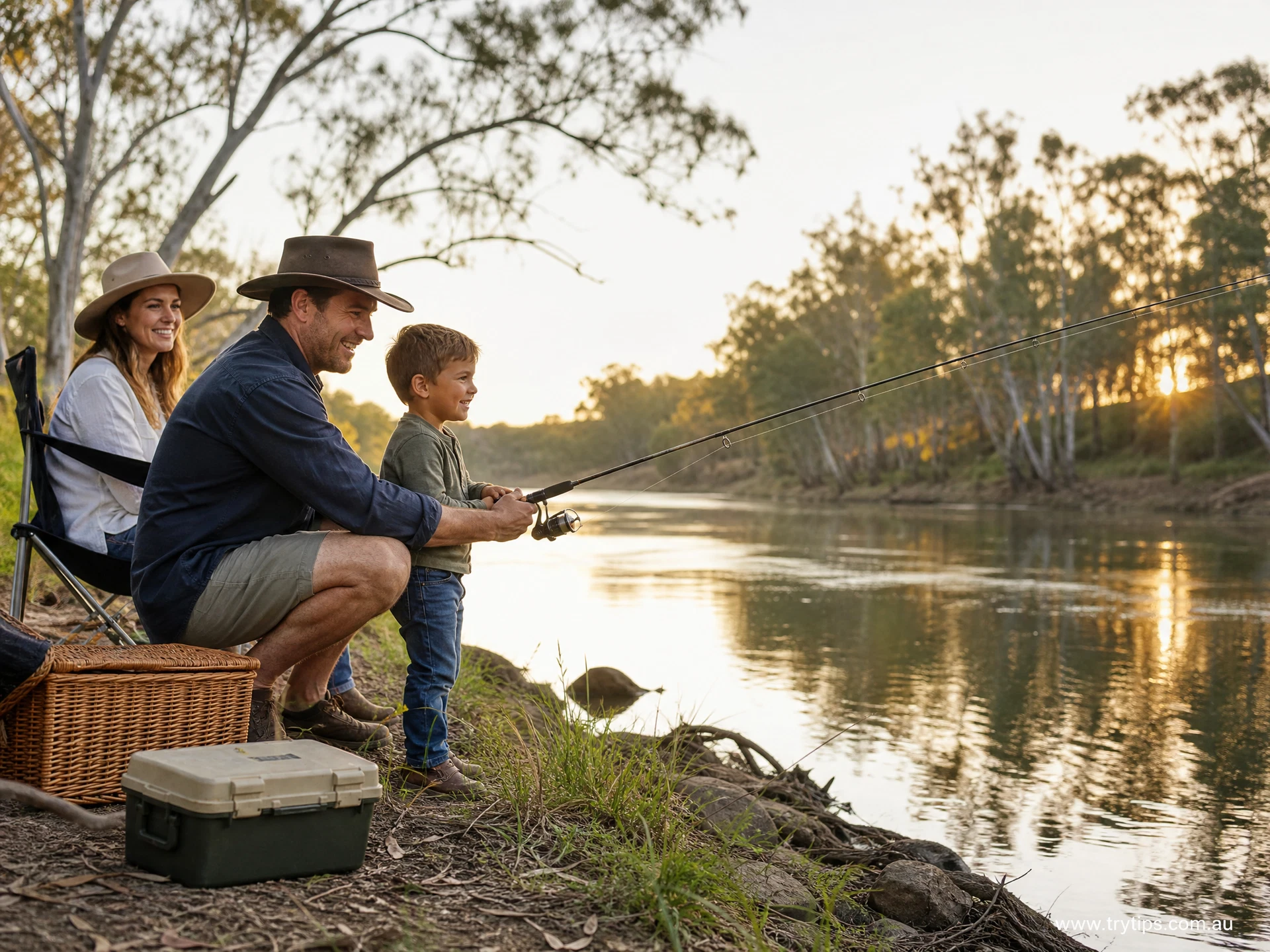 Parent and child enjoying a freshwater fishing outing beside a river