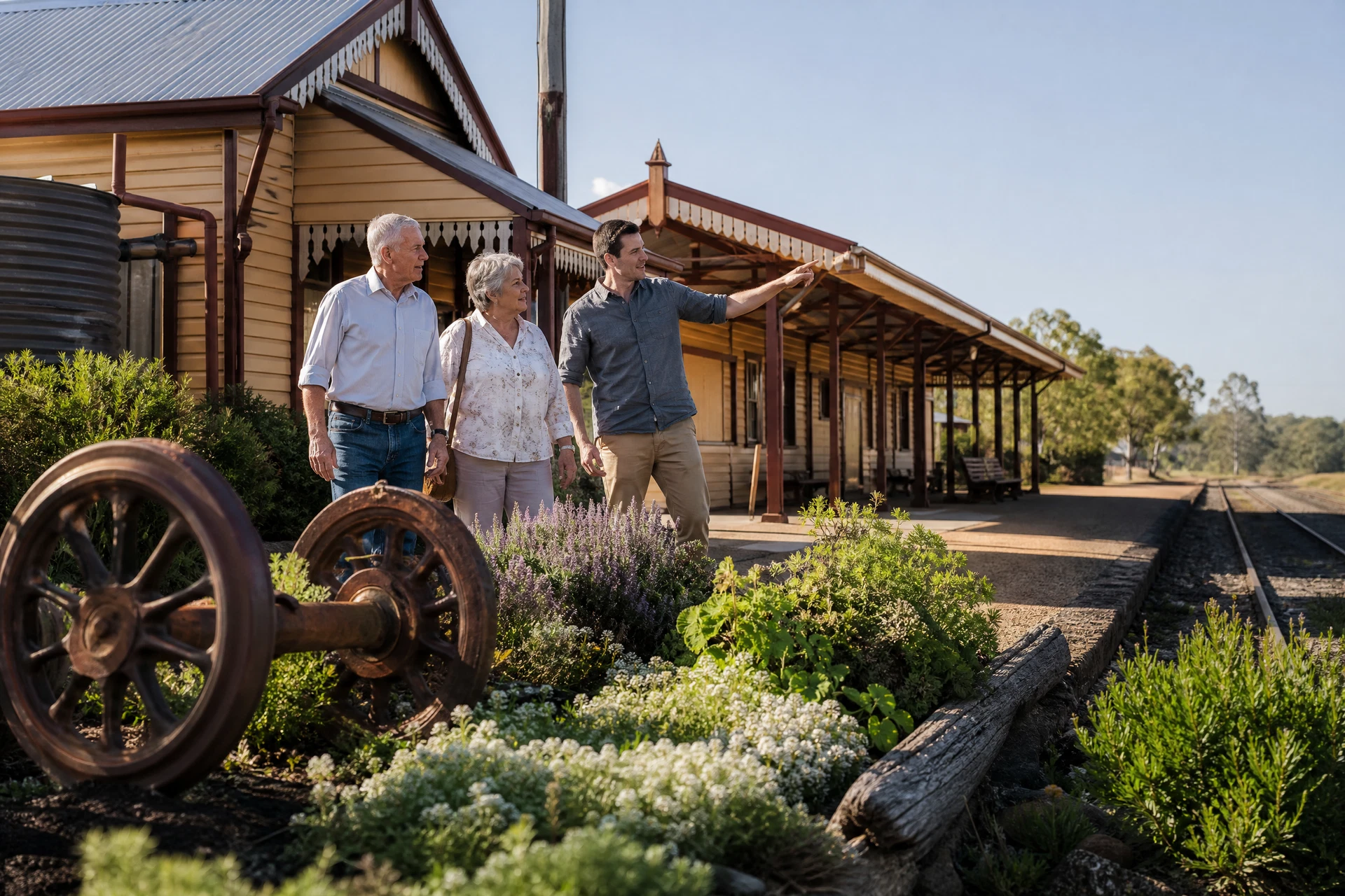 Visitors exploring a historic country heritage building and garden