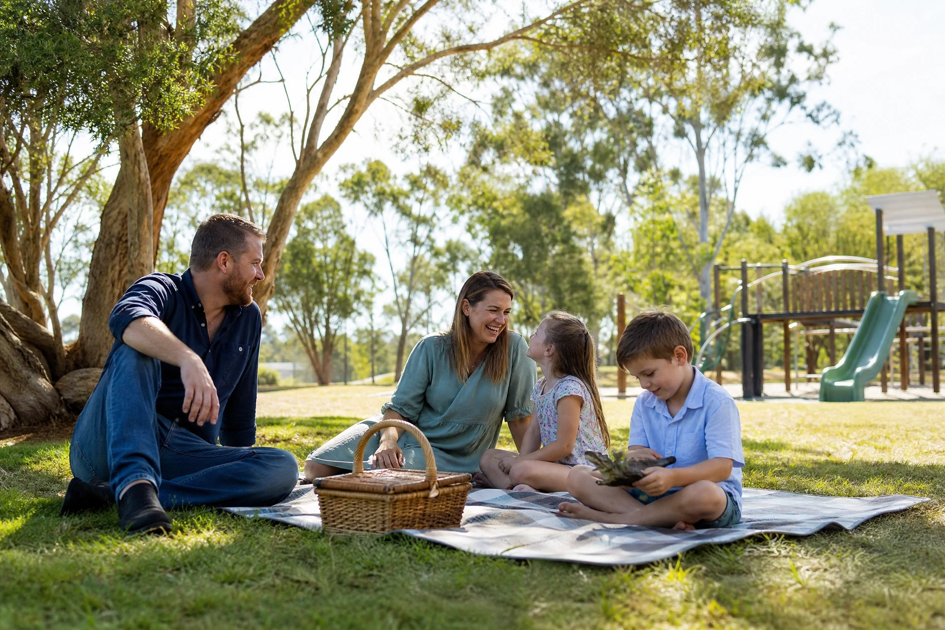 Children and parents enjoying a playful outdoor day in a country park
