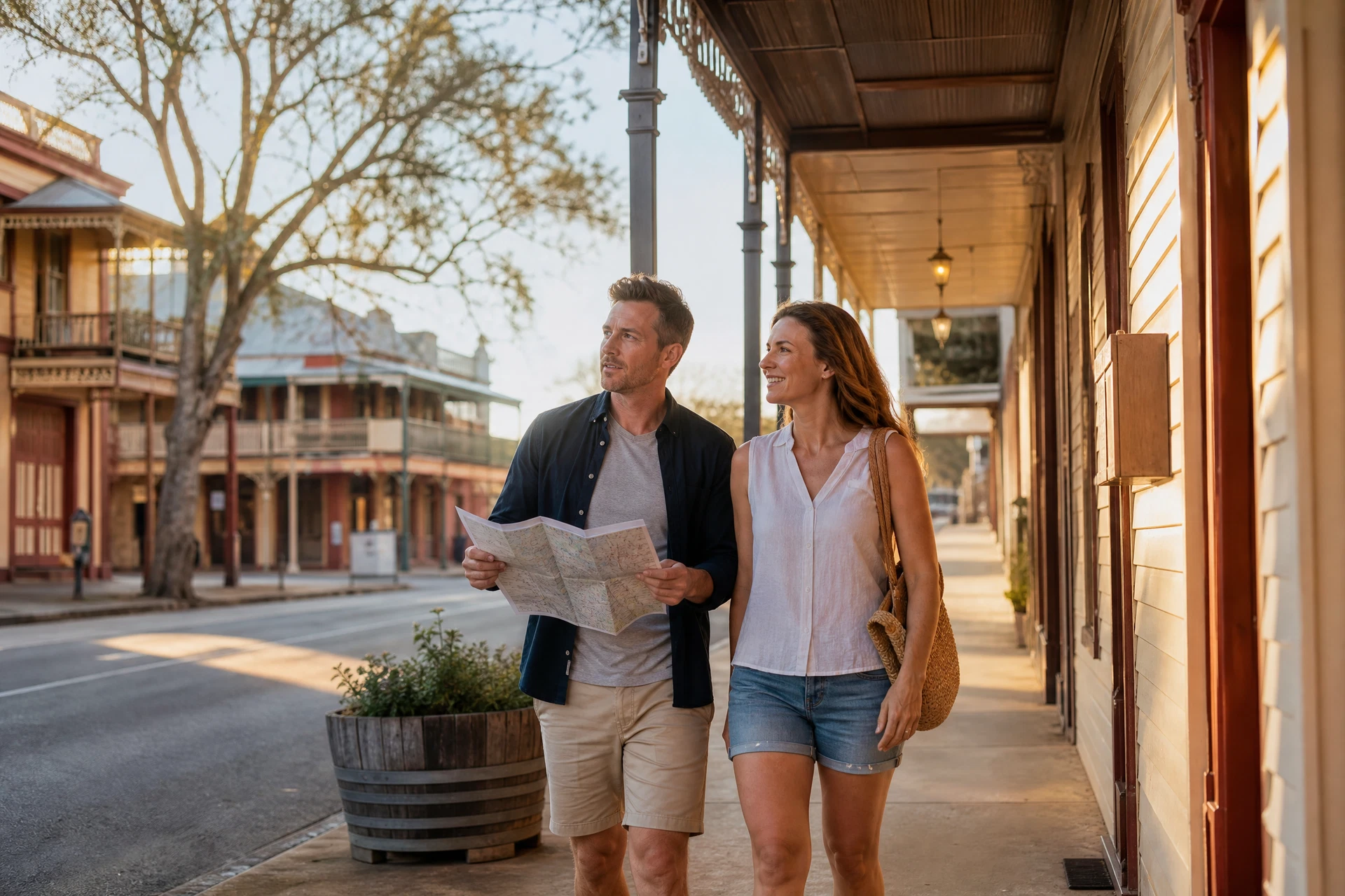 Couple following a self-guided country heritage trail with a map