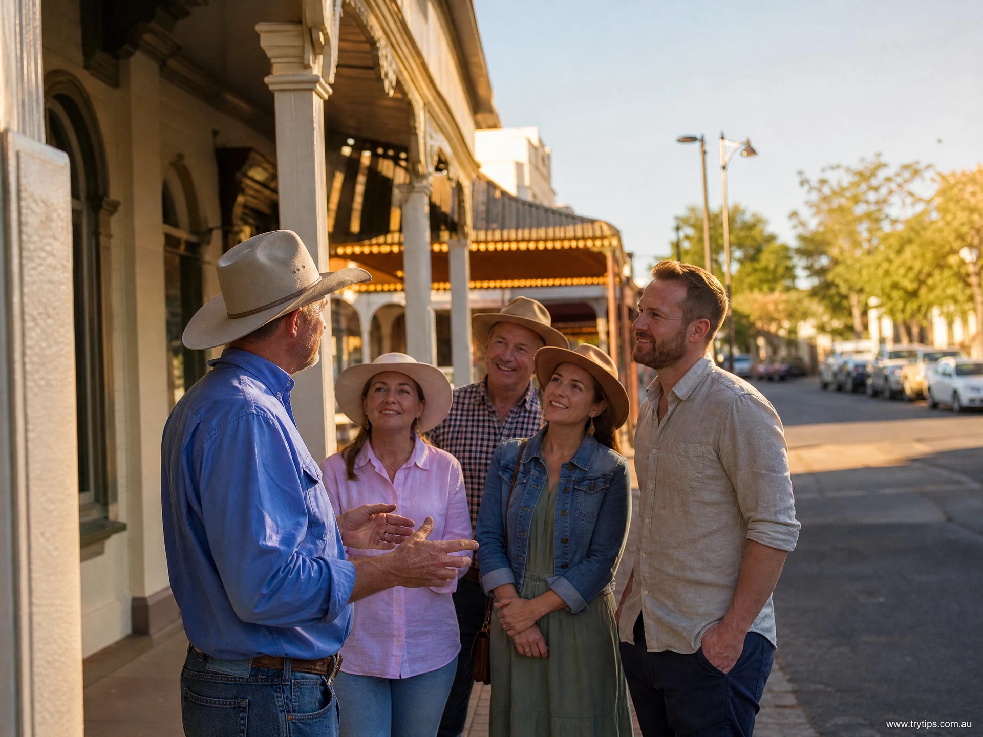 A local guide sharing stories with visitors in a country town