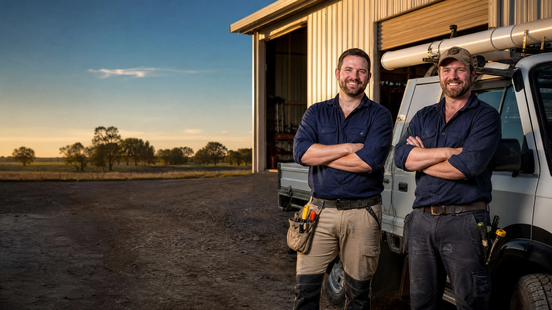 Western Downs tradespeople beside a service ute and rural workshop