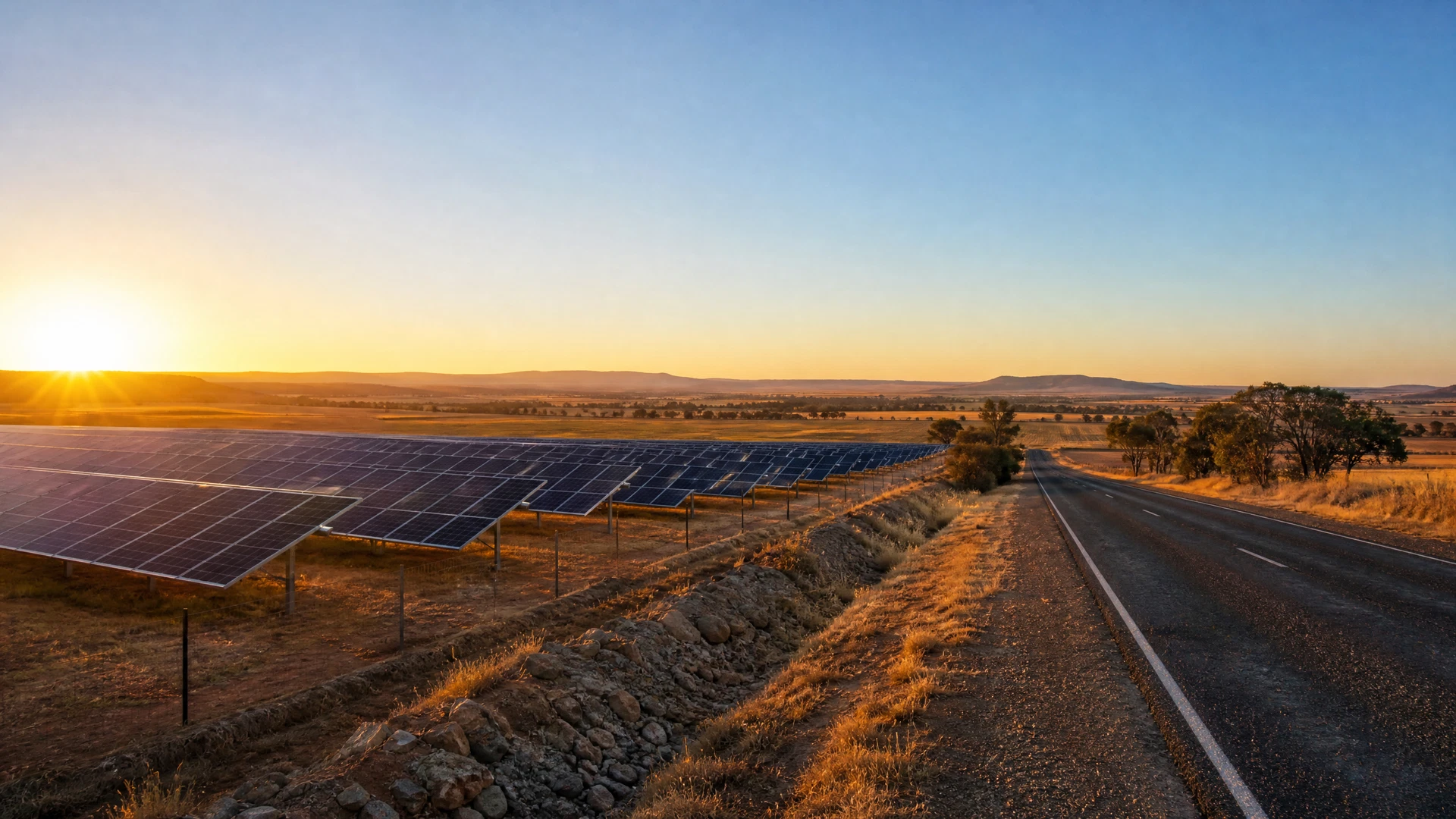 Rows of solar panels beside Western Downs farmland